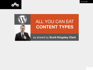 08 : 04 : 2012




 ALL YOU CAN EAT
 CONTENT TYPES

as shared by Scott Kingsley Clark




                                                     1
 