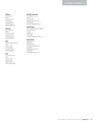 44
WORLD CONGRESS OF SCIENCE & FACTUAL PRODUCERS | MEMBER LIST
MEMBERS–BY COMPANY (Z)
ZDF.neo
ZDF-Strasse 1
Mainz
Germany 55127
Andrea Eisel
Eisel.A@zdf.de
Daniela Roessler
Roessler.D@zdf.de
ZDF/3sat
Sendezentrum 2
Mainz
Germany 55100
W www.3sat.de
Katharina Finger
Finger.K@zdf.de
ZED
42 Rue Eugène Carrière
Paris
France 75018
W www.zed.fr
Manuel Catteau
mcatteau@zed.fr
ZED
39 rue des Prairies
Paris
France 75020
W www.zed.fr
Valerie Abita
valerie.abita@zed.fr
Zig Zag Productions
13-14 Great Sutton St
London
UK EC1V 0BX
W www.zigzag.uk.com
Leila Monks
leila.monks@zigzag.uk.com
Zodiak Rights
Avon House. Kensington Village,
Avonmore Road
London
UK W14 8TS
Emily Elisha
emily.elisha@zodiakrights.com
Zoot Pictures
2060 Broad St.
Regina SK
Canada S4P1Y3
W www.zootpictures.com
Leif Kaldor
leif@zootpictures.com
Leslea Mair
leslea@zootpictures.com
 