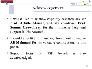 Acknowledgement
 I would like to acknowledge my research adviser
Prof. Achille Messac, and my co-adviser Prof.
Souma Chowdhury for their immense help and
support in this research.
 I would also like to thank my friend and colleague
Ali Mehmani for his valuable contributions to this
paper.
 Support from the NSF Awards is also
acknowledged.
17
 