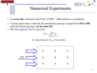 wind
direction
Numerical Experiments
23
 An array-like wind farm with 9 GE 2.5 MW – 100m turbines is considered.
 A fixed aspect ratio is selected; the streamwise spacing is ranged from 5D to 20D,
while the lateral spacing is no less than 2D.
 The farm capacity factor is given by
Prj: Rated capacity, Pfarm: Farm output
 