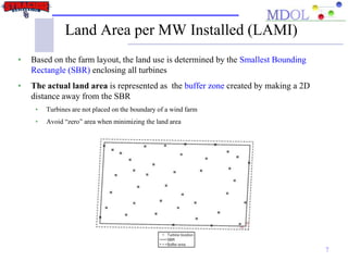 Land Area per MW Installed (LAMI)
7
• Based on the farm layout, the land use is determined by the Smallest Bounding
Rectangle (SBR) enclosing all turbines
• The actual land area is represented as the buffer zone created by making a 2D
distance away from the SBR
• Turbines are not placed on the boundary of a wind farm
• Avoid “zero” area when minimizing the land area
 