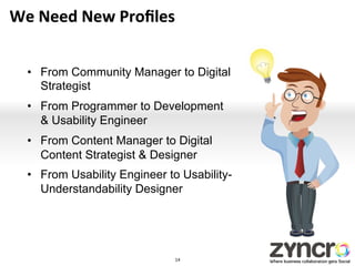 We	
  Need	
  New	
  Proﬁles	
  


   •  From Community Manager to Digital
      Strategist
   •  From Programmer to Development
      & Usability Engineer
   •  From Content Manager to Digital
      Content Strategist & Designer
   •  From Usability Engineer to Usability-
      Understandability Designer




                               14	
  
 