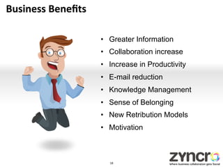 Business	
  Beneﬁts	
  

                          •  Greater Information
                          •  Collaboration increase
                          •  Increase in Productivity
                          •  E-mail reduction
                          •  Knowledge Management
                          •  Sense of Belonging
                          •  New Retribution Models
                          •  Motivation



                            18	
  
 