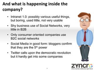 And	
  what	
  is	
  happening	
  inside	
  the	
  
company?	
  	
  
   •  Intranet 1.0: possibly various useful things,
      but boring, used little, not very usable
   •  Shy business use of Social Networks, very
      little in B2B
   •  Only consumer oriented companies use
      B2C social networks
   •  Social Media in good form: bloggers confirm
      that they are the 5th power
   •  Twitter calls upon the democratic revolution
      but it hardly get into some companies


                                  3	
  
 