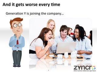 And	
  it	
  gets	
  worse	
  every	
  ,me	
  
  Genera>on	
  Y	
  is	
  joining	
  the	
  company…	
  




                                        5	
  
 