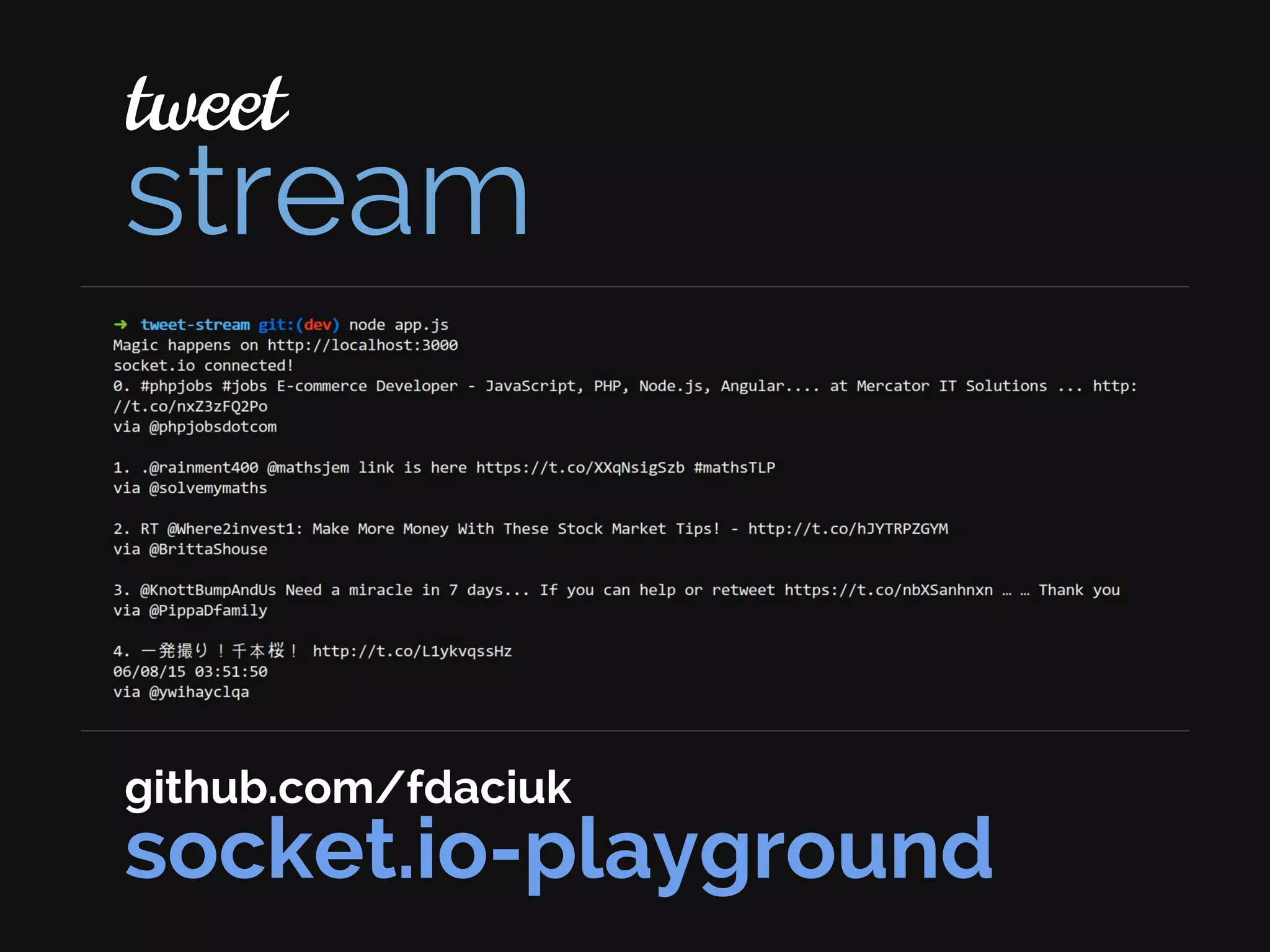 stream
tweet
socket.io-playground
github.com/fdaciuk
 