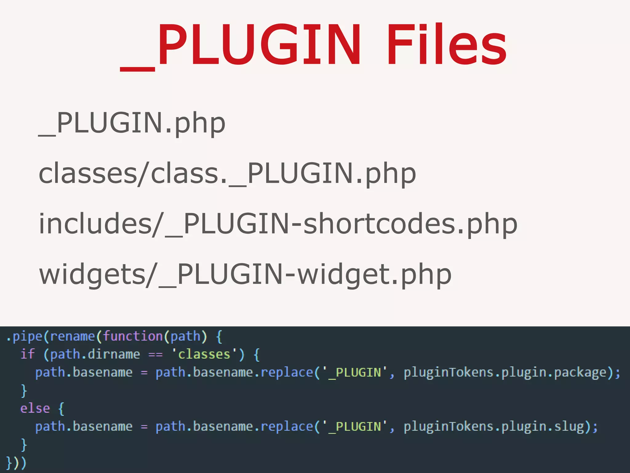 _PLUGIN Files
_PLUGIN.php
classes/class._PLUGIN.php
includes/_PLUGIN-shortcodes.php
widgets/_PLUGIN-widget.php
 