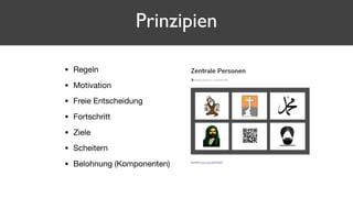 • Regeln

• Motivation

• Freie Entscheidung

• Fortschritt

• Ziele

• Scheitern

• Belohnung (Komponenten)
Prinzipien
 