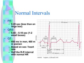 Normal Intervals PR 0.20 sec (less than one large box) QRS 0.08 – 0.10 sec (1-2 small boxes) QT 450 ms in men, 460 ms in women Based on sex / heart rate Half the R-R interval with normal HR 