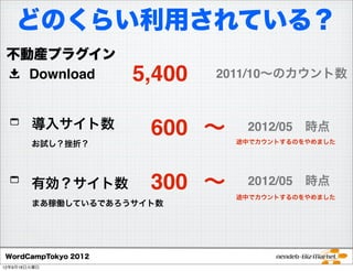 どのくらい利用されている？
 不動産プラグイン
   Download          5,400   2011/10∼のカウント数



        導入サイト数        600 ∼     2012/05 時点
        ...