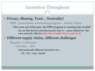 Incentives Throughout

 Privacy, Sharing, Trust… Neutrality!
   PMP…prescription monitoring program – Seattle Times
       “Not even out of the gate, the PMP program is running into trouble”
             Its not that doctors and pharmacists hate it – many lobbied for. But
              were assured, with law, that they wouldn’t have to pay for it.

 Different supply chains, different challenges
   Big guys / Little guys
           Wal-Mart – EDI
             Internationally different incentives too…
               US / EU / Asia / Brazil
 