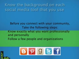 Before you connect with your community,
Take the following steps:
 Know exactly what you want professionally
and personally
 Follow a few people and organizations
 