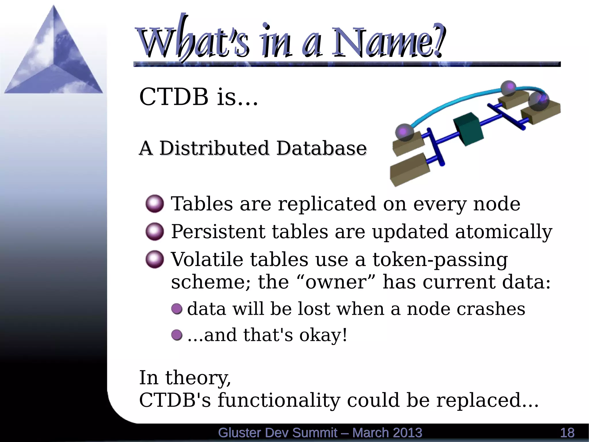 What's in a Name?What's in a Name?
1818Gluster Dev Summit – March 2013Gluster Dev Summit – March 2013
CTDB is...
A Distributed DatabaseA Distributed Database
Tables are replicated on every node
Persistent tables are updated atomically
Volatile tables use a token-passing
scheme; the “owner” has current data:
data will be lost when a node crashes
...and that's okay!
In theory,
CTDB's functionality could be replaced...
 