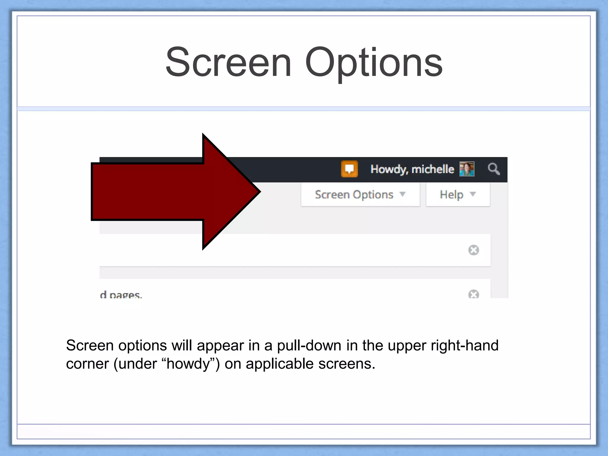 Screen Options
Screen options will appear in a pull-down in the upper right-hand
corner (under “howdy”) on applicable screens.
 