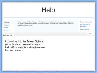 Help
Located next to the Screen Options
(or in its place) on most screens,
Help offers insights and explanations
for each screen.
 
