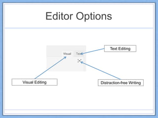 Editor Options
Distraction-free Writing
Text Editing
Visual Editing
 