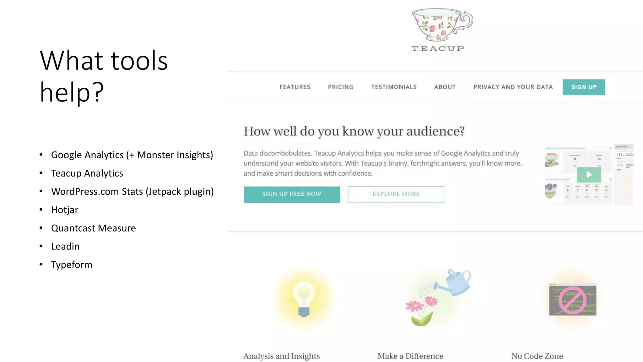 What tools
help?
• Google Analytics (+ Monster Insights)
• Teacup Analytics
• WordPress.com Stats (Jetpack plugin)
• Hotjar
• Quantcast Measure
• Leadin
• Typeform
 
