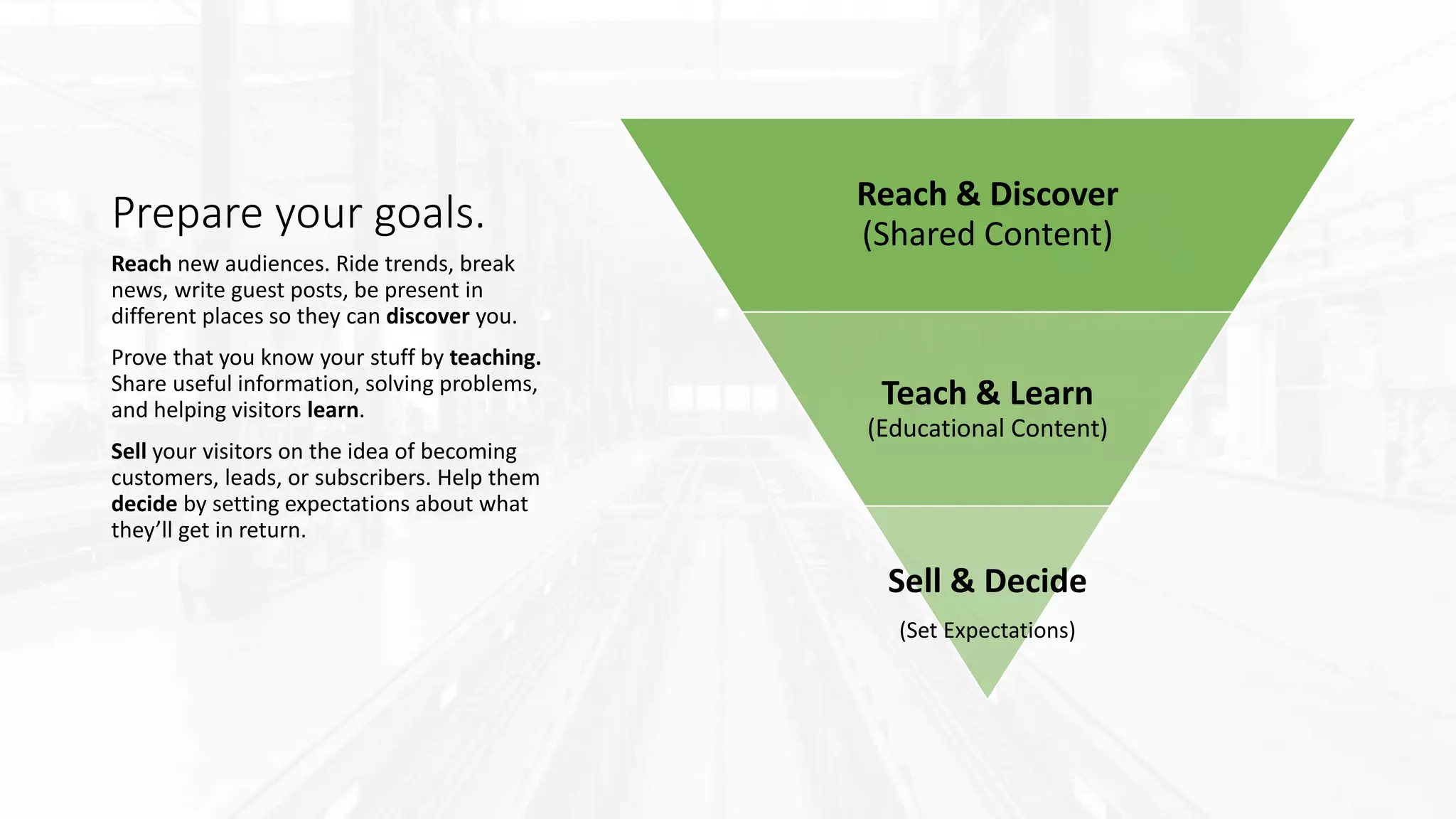 Prepare your goals. Reach & Discover
(Shared Content)
Teach & Learn
(Educational Content)
Sell & Decide
(Set Expectations)
Reach new audiences. Ride trends, break
news, write guest posts, be present in
different places so they can discover you.
Prove that you know your stuff by teaching.
Share useful information, solving problems,
and helping visitors learn.
Sell your visitors on the idea of becoming
customers, leads, or subscribers. Help them
decide by setting expectations about what
they’ll get in return.
 