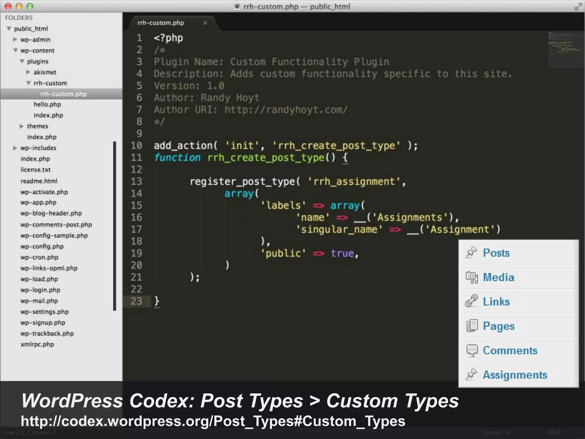 @randyhoyt                                           #wcto




WordPress Codex: Post Types > Custom Types
http://codex.wordpress.org/Post_Types#Custom_Types
 