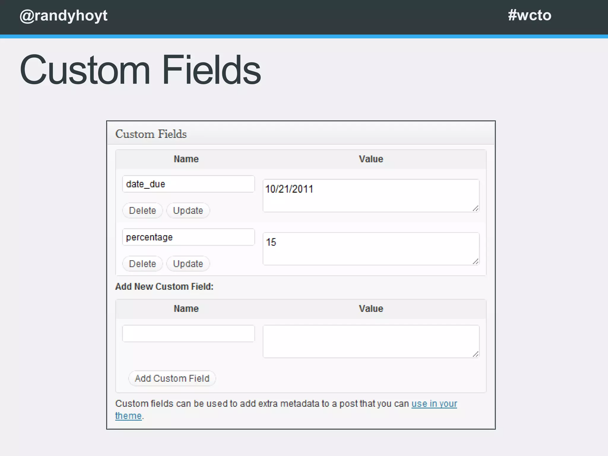 @randyhoyt      #wcto



Custom Fields
 