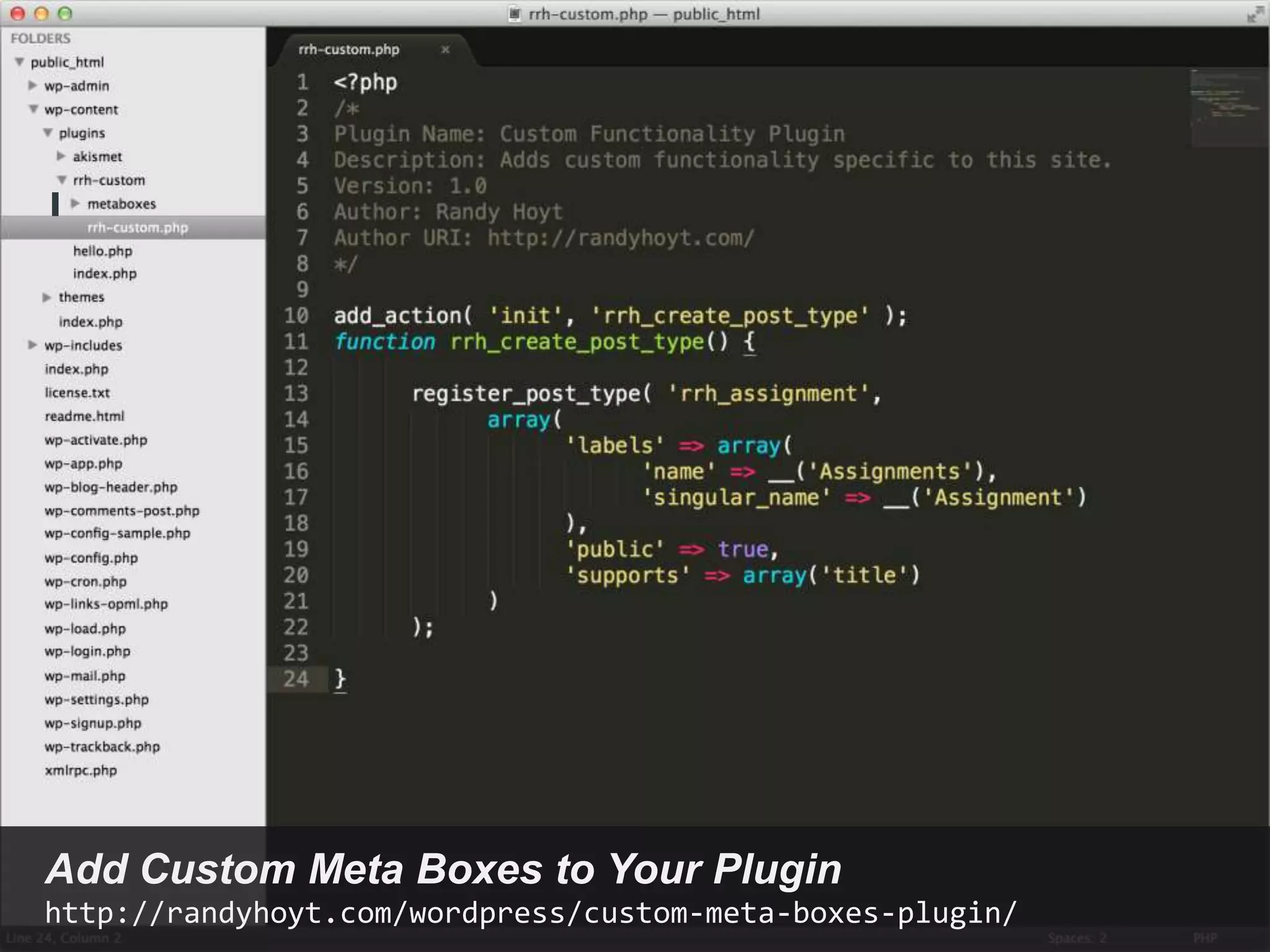 @randyhoyt                                                 #wcto




Add Custom Meta Boxes to Your Plugin
http://randyhoyt.com/wordpress/custom-meta-boxes-plugin/
 