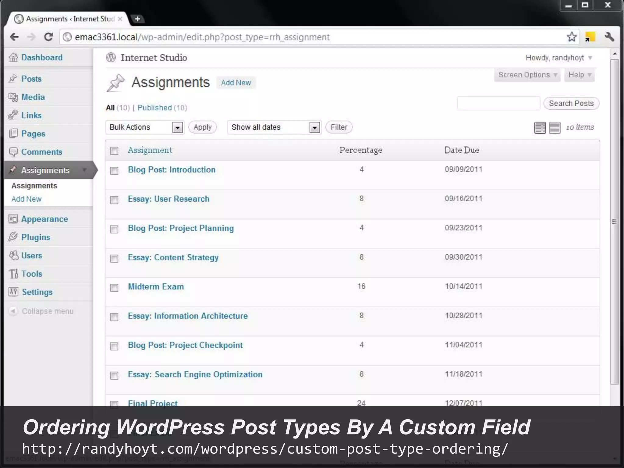 @randyhoyt                                                  #wcto




Screenshot of dashboard, all assignments added




Ordering WordPress Post Types By A Custom Field
http://randyhoyt.com/wordpress/custom-post-type-ordering/
 