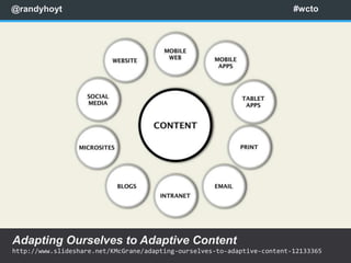 @randyhoyt                                                                #wcto




Adapting Ourselves to Adaptive Content
http://www.slideshare.net/KMcGrane/adapting-ourselves-to-adaptive-content-12133365
 