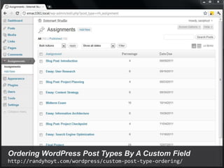 @randyhoyt                                                  #wcto




Screenshot of dashboard, all assignments added




Ordering WordPress Post Types By A Custom Field
http://randyhoyt.com/wordpress/custom-post-type-ordering/
 