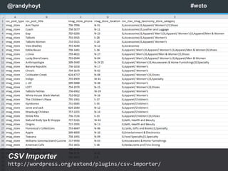 @randyhoyt                                          #wcto




CSV Importer
http://wordpress.org/extend/plugins/csv-importer/
 