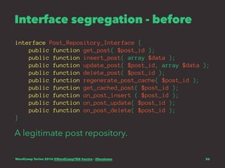 Interface segregation - before
interface Post_Repository_Interface {
public function get_post( $post_id );
public function insert_post( array $data );
public function update_post( $post_id, array $data );
public function delete_post( $post_id );
public function regenerate_post_cache( $post_id );
public function get_cached_post( $post_id );
public function on_post_insert ( $post_id );
public function on_post_update( $post_id );
public function on_post_delete( $post_id );
}
A legitimate post repository.
WordCamp Torino 2016 @WordCampTRN #wctrn - @lucatume 26
 