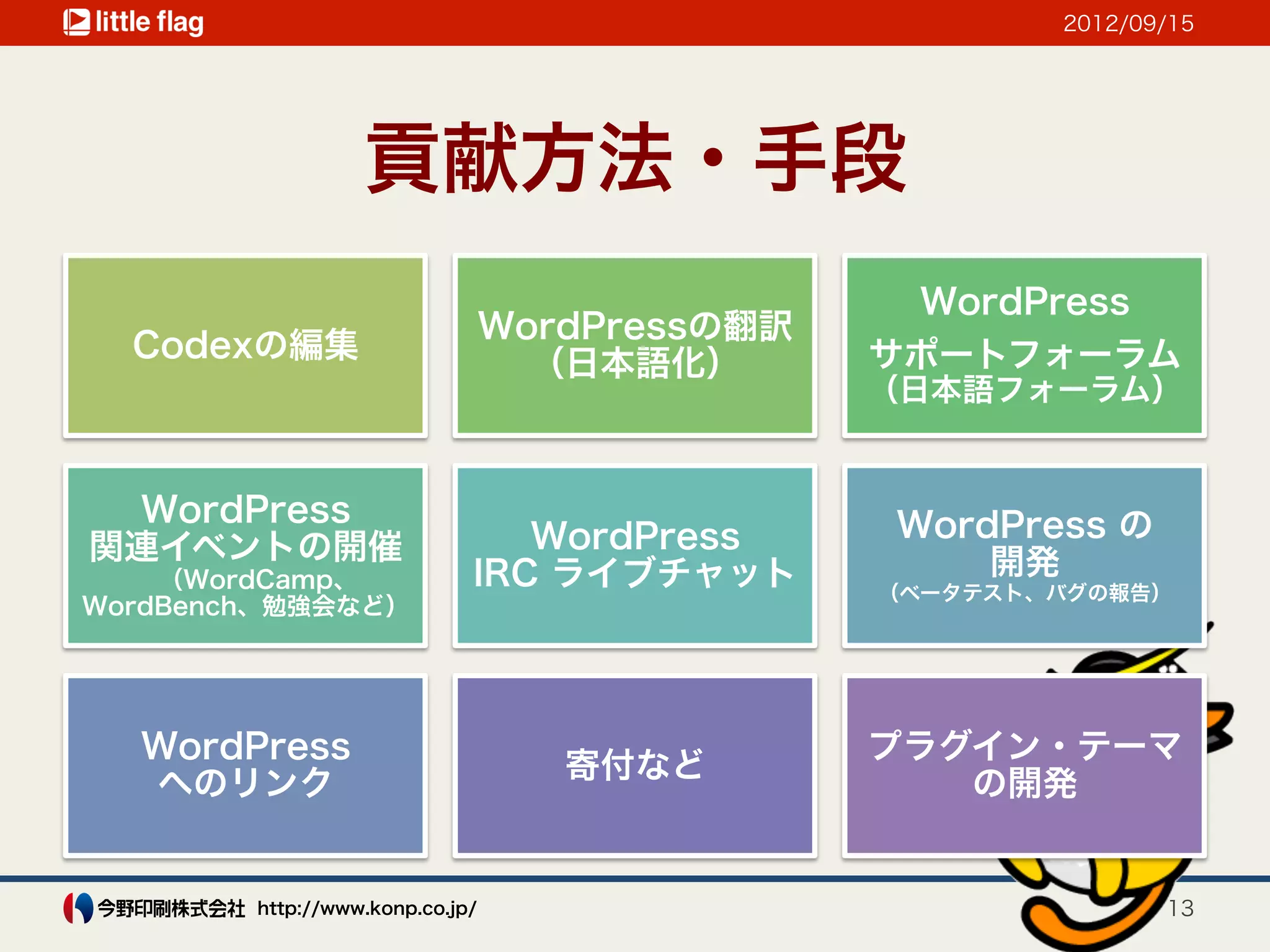 2012/09/15




                  貢献方法・手段
                                                 WordPress
                                 WordPressの翻訳
  Codexの編集                                      サポートフォーラム
                                   （日本語化）
                                                （日本語フォーラム）


 WordPress                                      WordPress の
関連イベントの開催                       WordPress
    （WordCamp、               IRC ライブチャット            開発
                                                （ベータテスト、バグの報告）
WordBench、勉強会など）




  WordPress                                     プラグイン・テーマ
                                    寄付など
  へのリンク                                            の開発


        http://www.konp.co.jp/                                 13
 