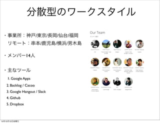 分散型のワークスタイル 
• 事業所：神戸/東京/長岡/仙台/福岡 
　 リモート：串本/鹿児島/横浜/男木島 
• メンバー14人 
• 主なツール 
1. Google Apps 
2. Backlog / Cacoo 
3. Google Hangout / Slack 
4. Github 
5. Dropbox 
14年10月11日土曜日 
 