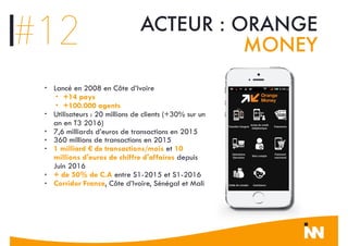 • Lancé en 2008 en Côte d’Ivoire
• +14 pays
• +100.000 agents
• Utilisateurs : 20 millions de clients (+30% sur un
an en T3 2016)
• 7,6 milliards d’euros de transactions en 2015
• 360 millions de transactions en 2015
• 1 milliard € de transactions/mois et 10
millions d'euros de chiffre d'affaires depuis
Juin 2016
• + de 50% de C.A entre S1-2015 et S1-2016
• Corridor France, Côte d’Ivoire, Sénégal et Mali
#12 ACTEUR : ORANGE
MONEY
 