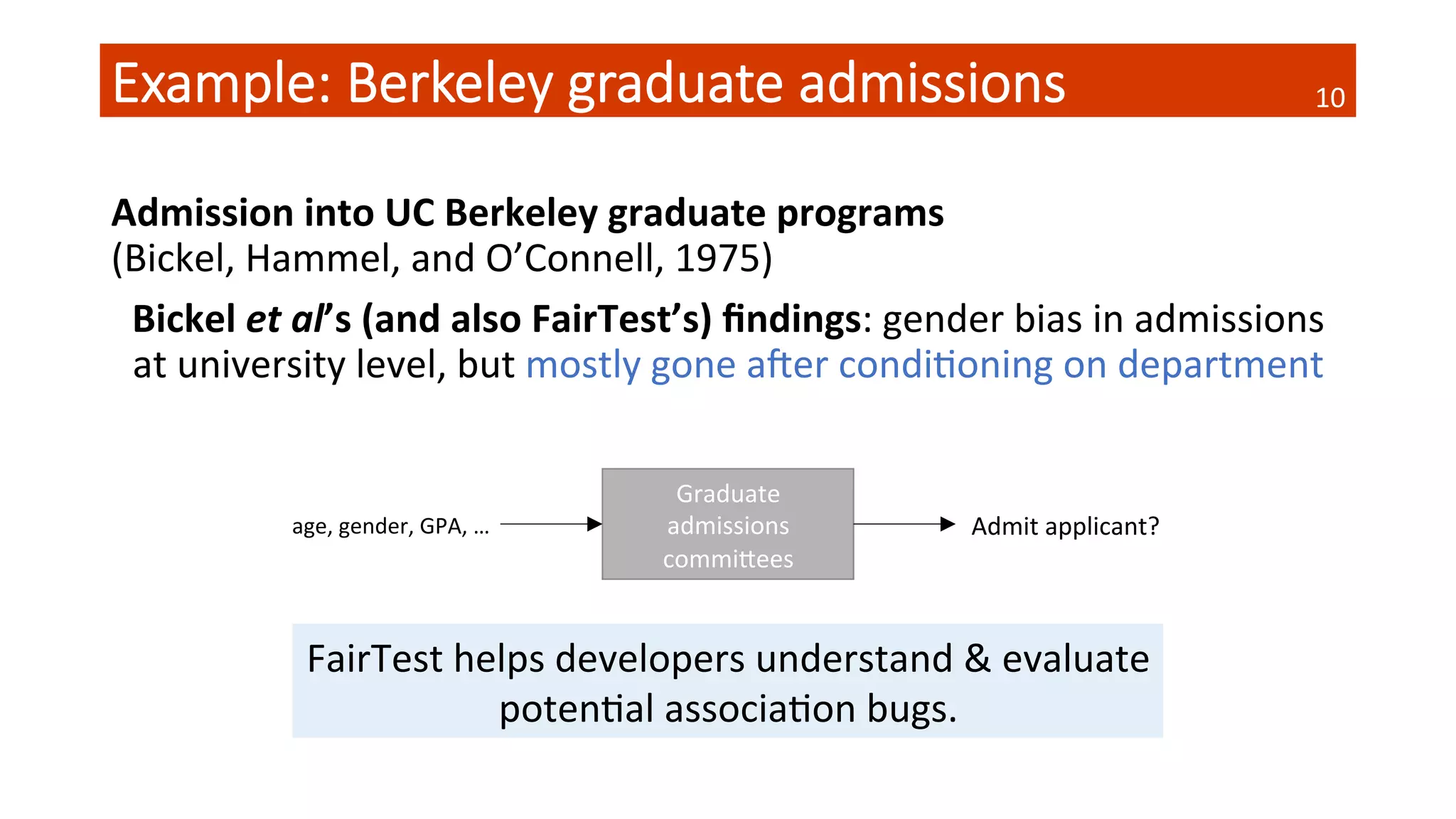 Example:  Berkeley  graduate  admissions
Admission	
  into	
  UC	
  Berkeley	
  graduate	
  programs	
  
(Bickel,	
  Hammel,	
  and	
  O’Connell,	
  1975)	
  
Bickel	
  et	
  al’s	
  (and	
  also	
  FairTest’s)	
  ﬁndings:	
  gender	
  bias	
  in	
  admissions	
  
at	
  university	
  level,	
  but	
  mostly	
  gone	
  aher	
  condiQoning	
  on	
  department	
  
FairTest	
  helps	
  developers	
  understand	
  &	
  evaluate	
  
potenQal	
  associaQon	
  bugs.	
  
Graduate	
  
admissions	
  
commiSees	
  
age,	
  gender,	
  GPA,	
  …	
   Admit	
  applicant?	
  
10	
  
 
