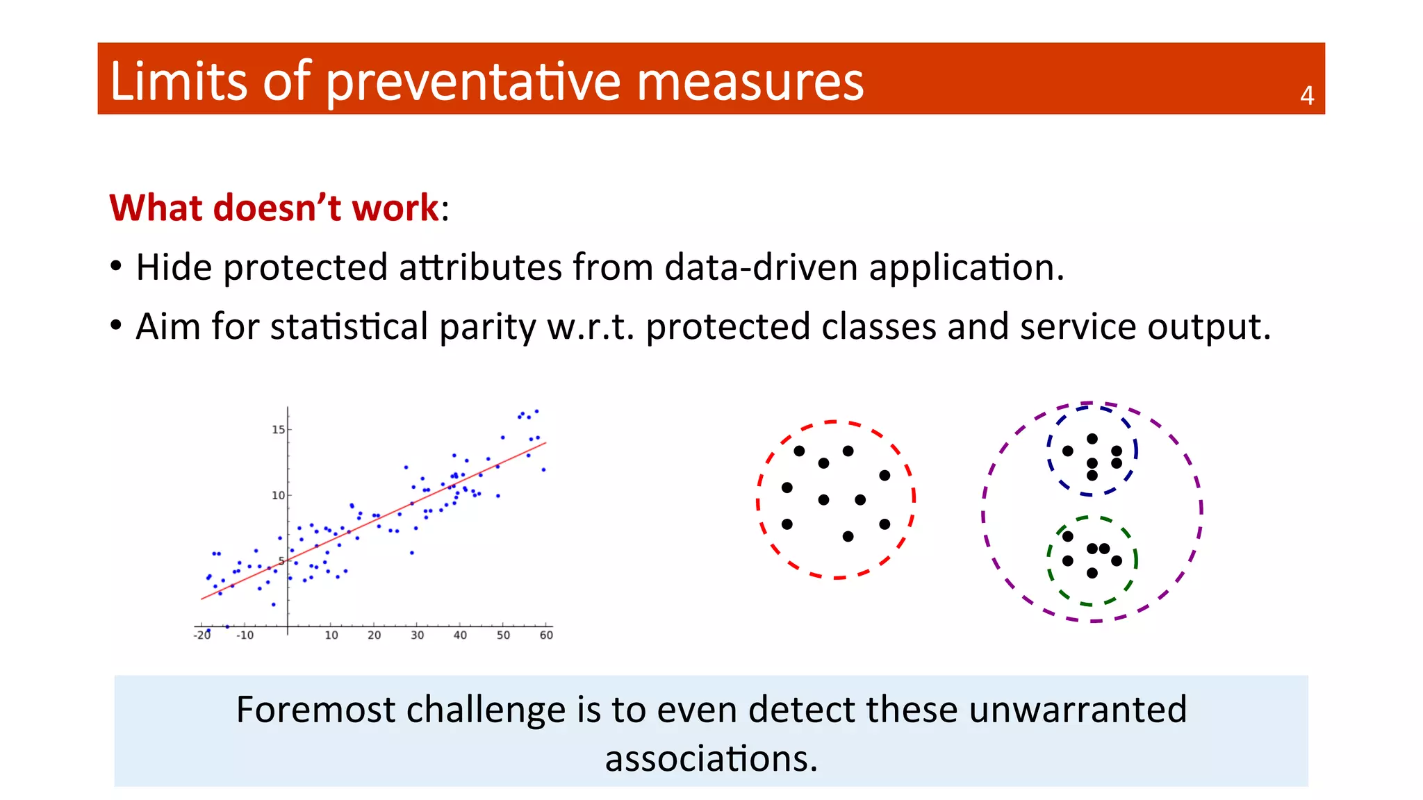 Limits  of  preventa4ve  measures
What	
  doesn’t	
  work:	
  
•  Hide	
  protected	
  aSributes	
  from	
  data-­‐driven	
  applicaQon.	
  
•  Aim	
  for	
  staQsQcal	
  parity	
  w.r.t.	
  protected	
  classes	
  and	
  service	
  output.	
  
Foremost	
  challenge	
  is	
  to	
  even	
  detect	
  these	
  unwarranted	
  
associaQons.	
  
4	
  
 