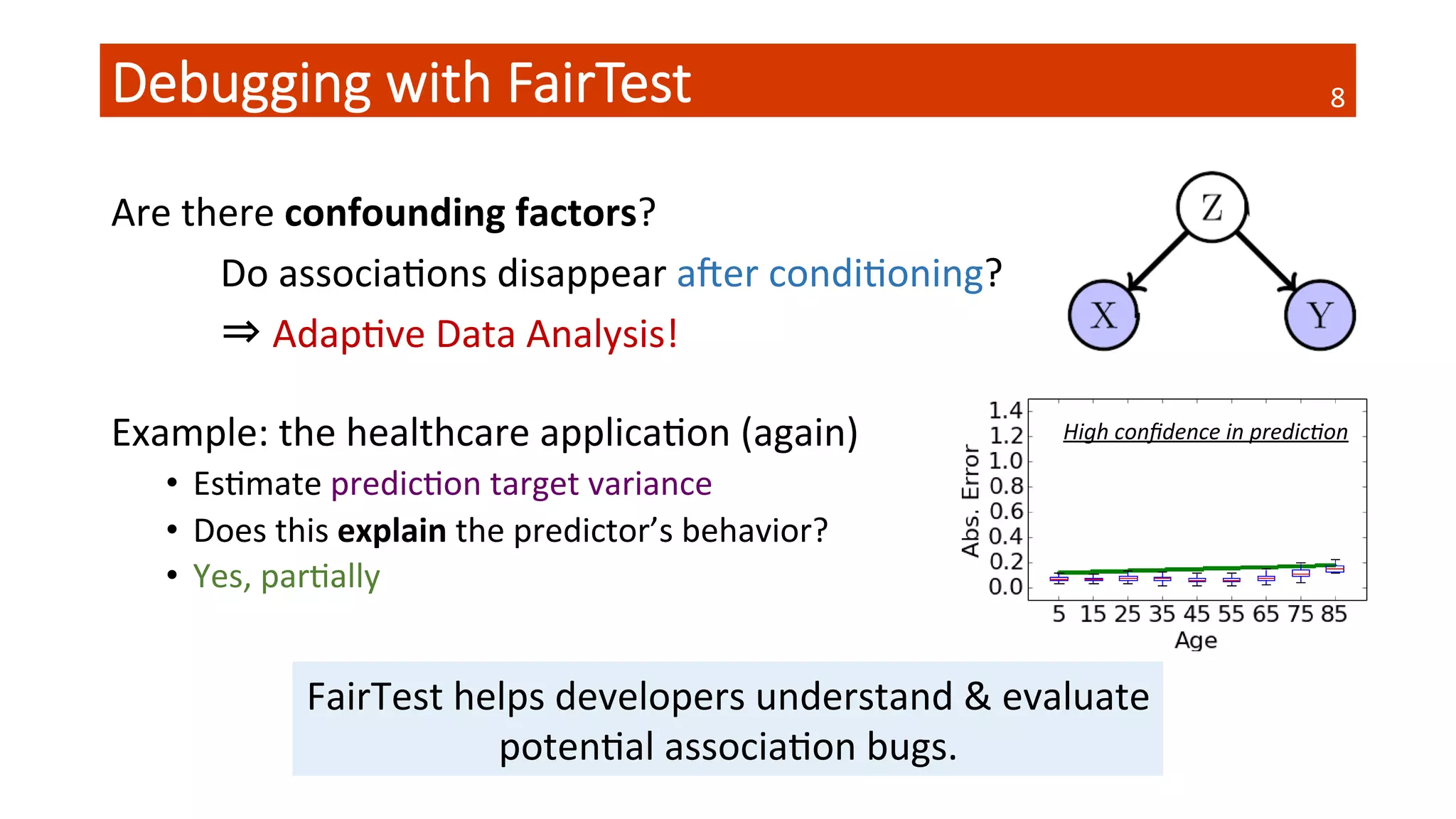 Debugging  with  FairTest
Are	
  there	
  confounding	
  factors?	
  	
  
	
  Do	
  associaQons	
  disappear	
  aher	
  condiQoning?	
  
	
  ⇒	
  AdapQve	
  Data	
  Analysis!	
  
	
  
Example:	
  the	
  healthcare	
  applicaQon	
  (again)	
  
•  EsQmate	
  predicQon	
  target	
  variance	
  
•  Does	
  this	
  explain	
  the	
  predictor’s	
  behavior?	
  
•  Yes,	
  parQally	
  
	
  
	
  
	
  
FairTest	
  helps	
  developers	
  understand	
  &	
  evaluate	
  
potenQal	
  associaQon	
  bugs.	
  
of size 6,252
Care Treatments >= 1
141 ; CORR = [0.2724, 0.3492]
e for Health Predictions. Shows the global
population with highest effect size (correlation).
correlation between age and prediction error,
1 + number of visits). For each age-decade, we
ots (box from the 1st to 3rd quantile with a line
skers at 1.5 interquantile-ranges). The straight
* Low Confidence: Population of size 14,48
p-value = 2.27e-128 ; CORR = [0.1722, 0.
* High Confidence: Population of size 14,4
p-value = 2.44e-13 ; CORR = [0.0377, 0.0
Fig. 8: Error Proﬁle for Health Predictions usin
conﬁdence as an explanatory attribute. Shows correla
prediction error and user age, broken down by prediction
High	
  conﬁdence	
  in	
  predic#on	
  
8	
  
 