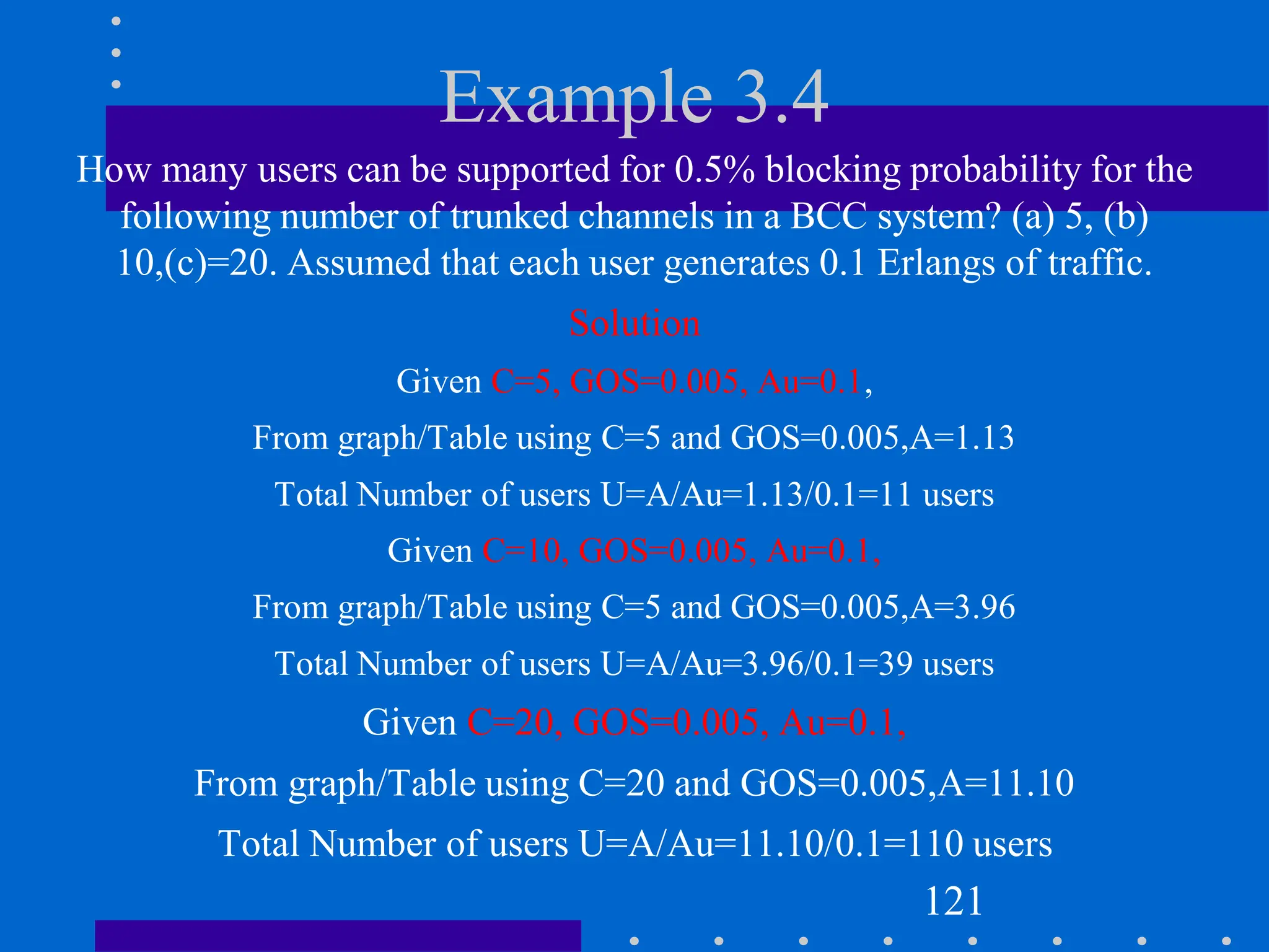 Example 3.4
How many users can be supported for 0.5% blocking probability for the
following number of trunked channels in a BCC system? (a) 5, (b)
10,(c)=20. Assumed that each user generates 0.1 Erlangs of traffic.
Solution
Given C=5, GOS=0.005, Au=0.1,
From graph/Table using C=5 and GOS=0.005,A=1.13
Total Number of users U=A/Au=1.13/0.1=11 users
Given C=10, GOS=0.005, Au=0.1,
From graph/Table using C=5 and GOS=0.005,A=3.96
Total Number of users U=A/Au=3.96/0.1=39 users
Given C=20, GOS=0.005, Au=0.1,
From graph/Table using C=20 and GOS=0.005,A=11.10
Total Number of users U=A/Au=11.10/0.1=110 users
121
 