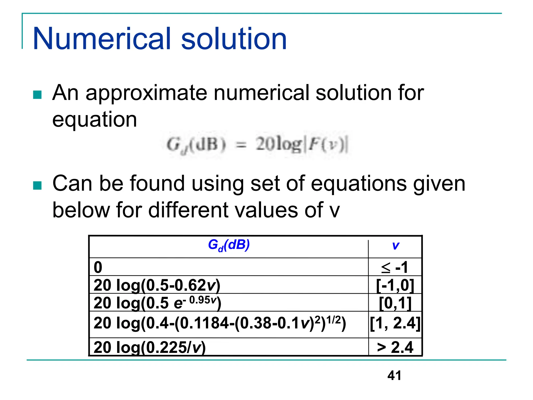 Numerical solution
 An approximate numerical solution for
equation
 Can be found using set of equations given
below for different values of v
41
[0,1]
20 log(0.5 e- 0.95v)
[-1,0]
20 log(0.5-0.62v)
> 2.4
20 log(0.225/v)
[1, 2.4]
20 log(0.4-(0.1184-(0.38-0.1v)2)1/2)
 -1
0
v
Gd(dB)
 