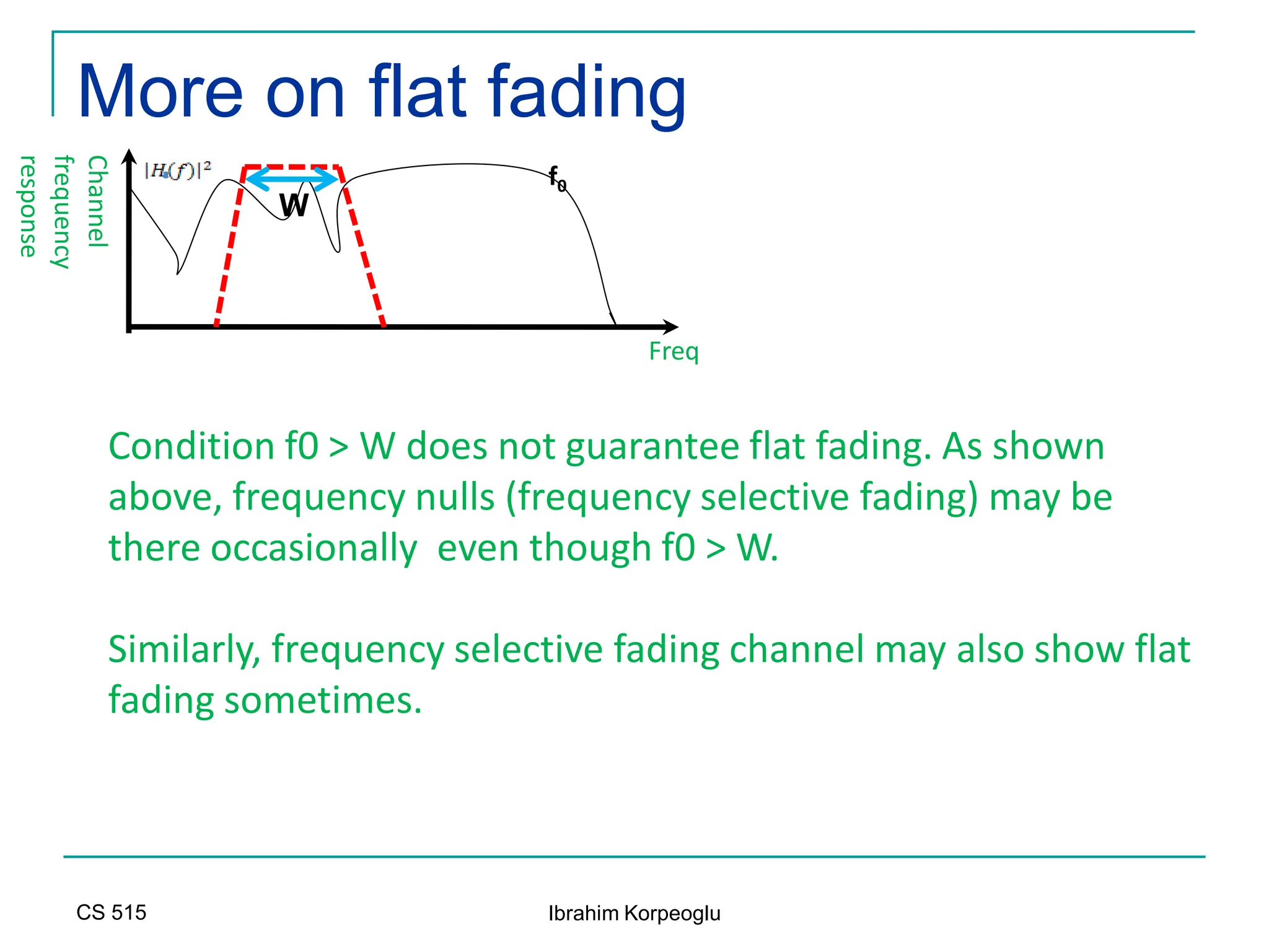 CS 515 Ibrahim Korpeoglu
More on flat fading
• f0
Freq
Channel
frequency
response
W
Condition f0 > W does not guarantee flat fading. As shown
above, frequency nulls (frequency selective fading) may be
there occasionally even though f0 > W.
Similarly, frequency selective fading channel may also show flat
fading sometimes.
 