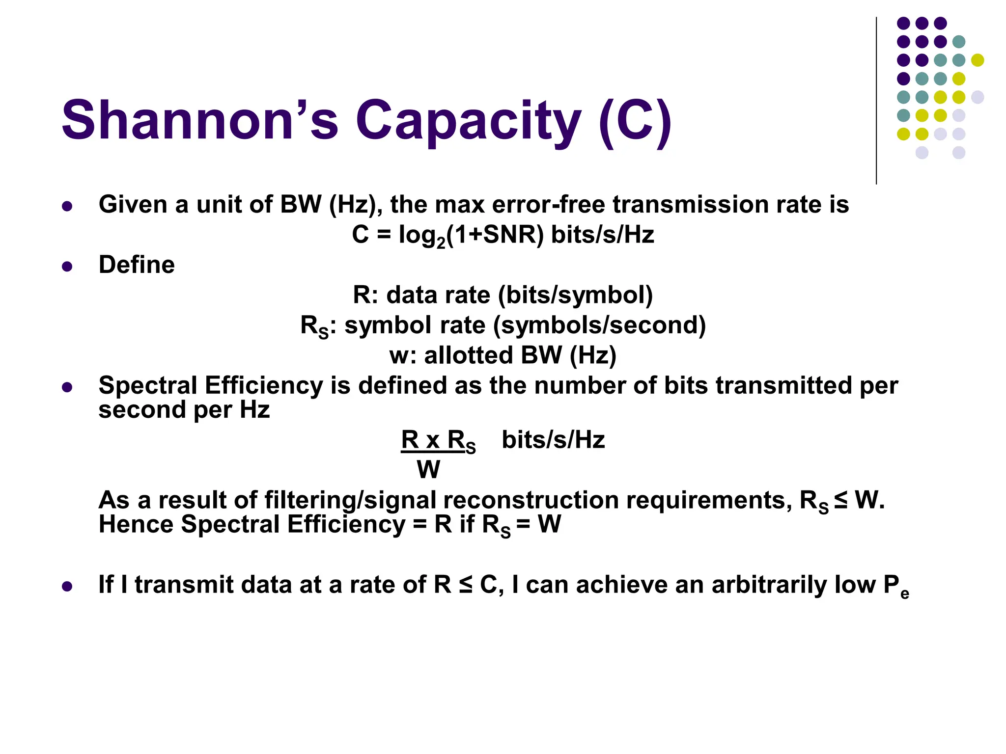 Shannon’s Capacity (C)
 Given a unit of BW (Hz), the max error-free transmission rate is
C = log2(1+SNR) bits/s/Hz
 Define
R: data rate (bits/symbol)
RS: symbol rate (symbols/second)
w: allotted BW (Hz)
 Spectral Efficiency is defined as the number of bits transmitted per
second per Hz
R x RS bits/s/Hz
W
As a result of filtering/signal reconstruction requirements, RS ≤ W.
Hence Spectral Efficiency = R if RS = W
 If I transmit data at a rate of R ≤ C, I can achieve an arbitrarily low Pe
 
