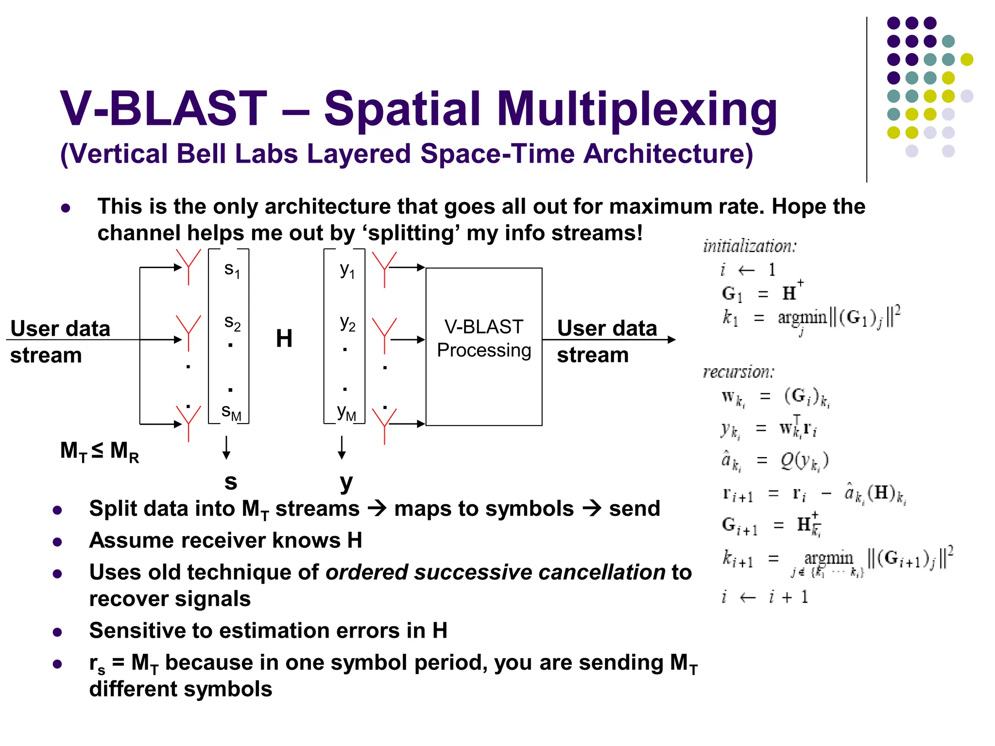 V-BLAST – Spatial Multiplexing
(Vertical Bell Labs Layered Space-Time Architecture)
 This is the only architecture that goes all out for maximum rate. Hope the
channel helps me out by ‘splitting’ my info streams!
.
.
s1
s2
sM
s
User data
stream .
.
User data
stream
.
.
y1
y2
yM
y
.
.
H
V-BLAST
Processing
 Split data into MT streams  maps to symbols  send
 Assume receiver knows H
 Uses old technique of ordered successive cancellation to
recover signals
 Sensitive to estimation errors in H
 rs = MT because in one symbol period, you are sending MT
different symbols
MT ≤ MR
 