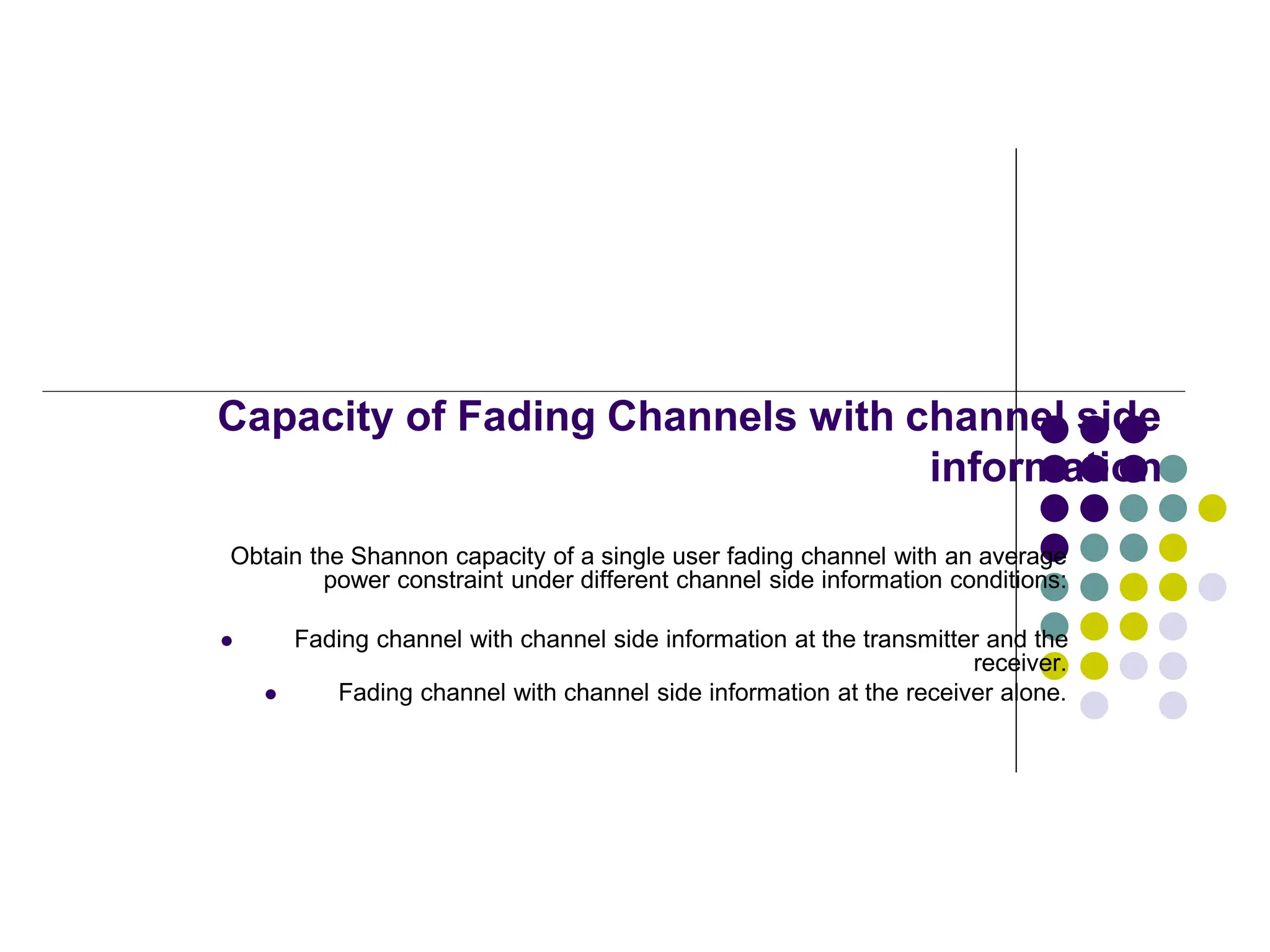 Capacity of Fading Channels with channel side
information
Obtain the Shannon capacity of a single user fading channel with an average
power constraint under different channel side information conditions:
 Fading channel with channel side information at the transmitter and the
receiver.
 Fading channel with channel side information at the receiver alone.
 