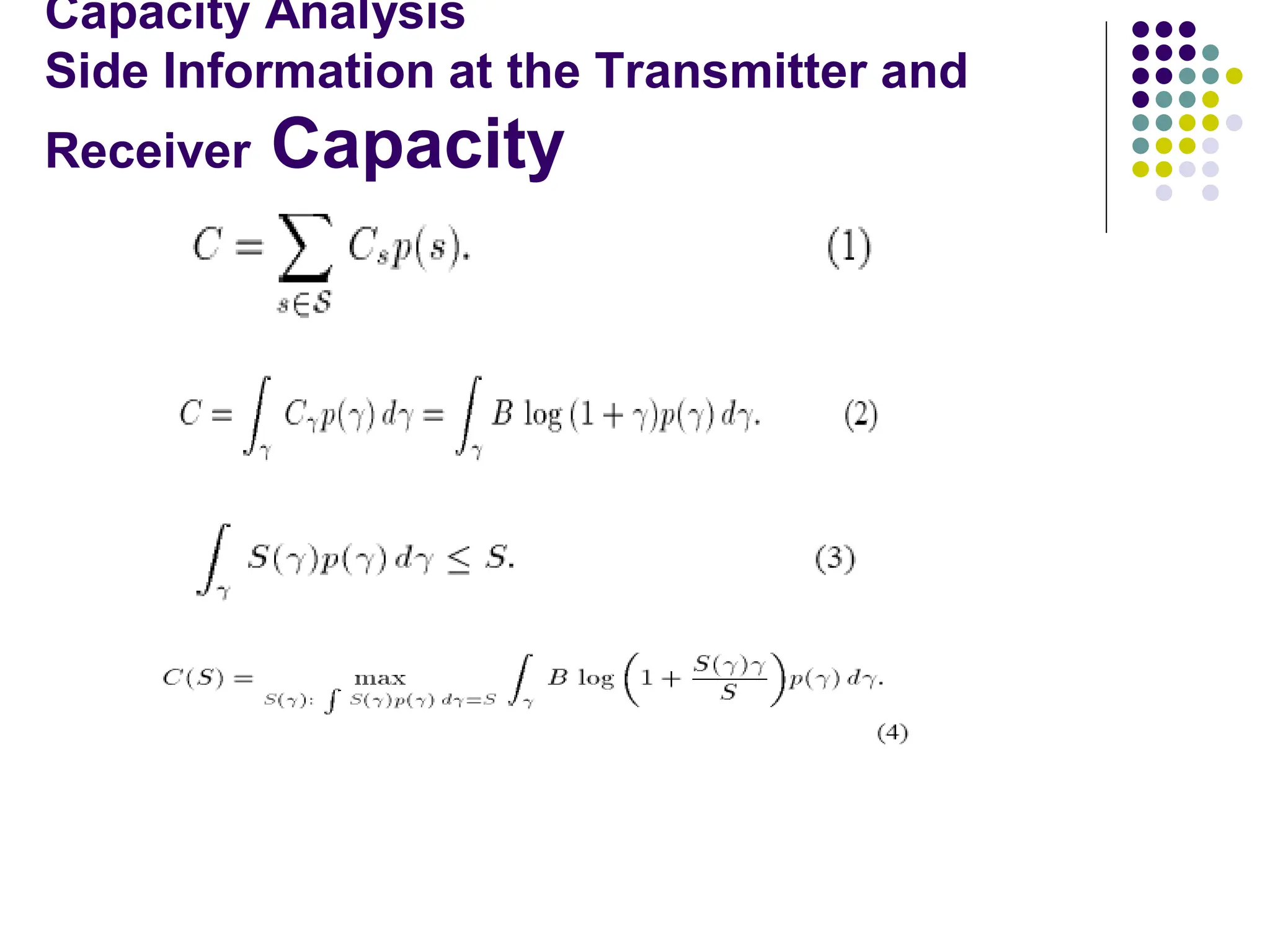 Capacity Analysis
Side Information at the Transmitter and
Receiver Capacity
 