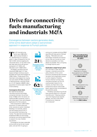 19Forging ahead: US M&A H1 2017
Convergence between sectors generates deals,
while some dealmakers adopt a wait-and-see
approach in response to Trump’s policies
T
he US manufacturing
sector saw US$8 billion
spent across 76 deals in
H1, representing a 21.2 percent
uptick in value compared to the first
half of 2016. Activity targeting the
industrials sector, on the other hand,
saw deal value slump 62 percent
compared to H1 2016, with
235 deals worth US$20 billion.
The largest manufacturing and
industrials (M&I) deal in H1 saw
Caisse de Depot and Suez acquire
GEWater & ProcessTechnologies for
US$3.4 billion. Private equity firms
have been active players too, buying
non-core assets off M&I companies
or backing groups in exciting niches,
as in H.I.G. Capital’s US$230 million
acquisition of cinema seats maker VIP
Cinema Seating.
Convergence drives deals
But dealmaking between
manufacturing and technology
companies has been the primary
driver of M&A within the sector, as
traditional M&I companies move to
take advantage of new technological
applications for their products.
Intel Corporation’s US$15 billion
acquisition of Israeli advanced
driver assistance system developer
Mobileye, for example, places
the technology group firmly in
the automotive manufacturing
market. The deal demonstrates how
established M&I and technology
companies are seizing opportunities
to expand into new markets
and sectors.
“Convergence has been especially
pronounced during the last couple
years, and we think it’s going to
continue to increase and drive M&A,”
says White & Case partner Michael
Deyong. “Manufacturers and
technology companies are looking
at how they can connect as many
devices as possible in as many
places as possible. That is not going
to change anytime soon.”
Dealmakers weigh Trump’s plans
As is the case in other sectors,
however, uncertainty around the
policy direction of the current
American presidential administration
has given some dealmakers pause.
In some respects, President
Trump’s intention to bring more
manufacturing back into the US
could provide a boost for the
industry, but fears that a more
protectionist stance could hinder
export opportunities counter-balance
the potential upside.
“Shielding manufacturing should
have positive effects for mid-sized
manufacturers,” Deyong predicts,
“but most large groups operate
globally, and they could suffer
if protectionist measures
are introduced.”
Drive for connectivity
fuels manufacturing
and industrials M&A
Top manufacturing
& industrials deals
H1 2017
Caisse de Dépôt et
Placement du Quebec;
Suez agreed to buy GEWater
& Process Technologies
for US$3.4 billion
Bain Capital agreed to buy
New Diversey for
US$3.2 billion
WestRock Company bought
Multi Packaging Solutions,
Inc. for US$2.2 billion
62%Percentage decrease
in US Industrial
M&A value
compared to
H1 2016
21%Percentage increase
in US Manufacturing
M&A value
compared to
H1 2016
1
2
3
 
