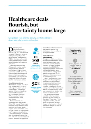 21Forging ahead: US M&A H1 2017
Megadeals fuel pharma activity, while healthcare
dealmakers face antitrust hurdles
D
ealmaking in the
pharmaceuticals and
healthcare sector saw a
rebound in H1 2017, with deal value
increasing 51.8 percent compared
to the preceding half-year. The
sector delivered 244 deals worth
US$98.2 billion during the period,
making it the third-largest industry
by deal value and fourth-largest by
deal volume.
The largest healthcare deal
of the period—medical supplies
company Becton, Dickinson
and Company’s US$23.6 billion
purchase of rival C.R. Bard—was
driven by the increasing pressure
placed on healthcare suppliers
to consolidate, reduce prices and
create larger product portfolios
to sell to hospitals and doctors.
Consolidation continues
Pharma deals, however, have driven
most of the activity in the sector,
with mega transactions such as
Fresenius Kabi’s US$4.8 billion
takeover of Akorn and Abu Dhabi
Investment Authority’s and
GIC’s US$9 billion acquisition
of Pharmaceutical Product
Development lifting overall
value figures.
Pharma companies are
increasingly using M&A as part
of their R&D strategy. This strategy
paid off for Takeda Pharmaceuticals,
when two months after Takeda
acquired Boston biotech firm Ariad
for US$4.8 billion, the FDA approved
Ariad’s lung cancer drug Alunbrig.
“The pharmaceuticals industry has
been consolidating for some time
now, and I don’t see why that should
change,” says White & Case partner
Morton Pierce. “Pharma companies
need M&A to replenish their
pipelines, and there are still some
big targets out there.”
Antitrust hampers
healthcare deals
While pharma M&A surges ahead,
general healthcare M&A has slowed
following the scuttling of major
transactions by antitrust actions
in 2016. In the health insurance
sub-sector, the US$36.3 billion
merger between Aetna and Humana
and the US$50.4 billion tie-up
between Anthem and Cigna both
failed to complete after the US
Department of Justice intervened
on competition grounds.
There is also uncertainty around
changes to healthcare legislation
under the Trump administration.
Trump’s original healthcare reform
package failed to get through
Congress, and legislators are now
working on a new Obamacare repeal
deal that could see individual states
take responsibility for deciding what
services insurers must cover.
“The regulatory landscape is
unsettled, and companies are
waiting to see what happens to
Obamacare,” Pierce says. “There
is legislation pending, but I think
people are waiting to see what
changes will get enacted and what
effect those changes will have on
their businesses.”
Healthcare deals
flourish, but
uncertainty looms large
Top pharma &
healthcare deals
H1 2017
Becton, Dickinson and
Company agreed to
buy C.R. Bard, Inc. for
US$23.6 billion
Abu Dhabi Investment
Authority; GIC Private Limited
agreed to buy Pharmaceutical
Product Development, LLC
for US$9.1 billion
Mars, Incorporated
agreed to buy VCA Inc. for
US$8.8 billion
52%
Percentage increase
in deal value
targeting the sector
compared to
H2 2016
US
$98
billion
The third most
targeted sector by
deal value in H1 2017
1
2
3
 