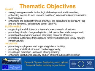 SMART
                Thematic Objectives
   • strengthening research, technological development and innovation;
   • enhancing access to, and use and quality of, information & communication
      technologies;
   • enhancing the competitiveness of SMEs, the agricultural sector (EAFRD)
      and the fisheries / aquaculture sector (EMFF);
   SUSTAINABLE
   • supporting the shift towards a low-carbon economy in all sectors;
   • promoting climate change adaptation, risk prevention and management;
   • protecting the environment and promoting resource efficiency;
   • promoting sustainable transport and removing bottlenecks in key network
      infrastructures;
   INCLUSIVE
   • promoting employment and supporting labour mobility;
   • promoting social inclusion and combating poverty;
   • investing in education, skills and lifelong learning;
   • enhancing institutional capacity and an efficient public administration

Ewrop & Chymru: Ewrop & Chymru: Buddsoddi yn eich dyfodol
                 Buddsoddi yn eich
Dyfodol          Europe & Wales: Investing in your future
 Europe and Wales: Investing in your future
 