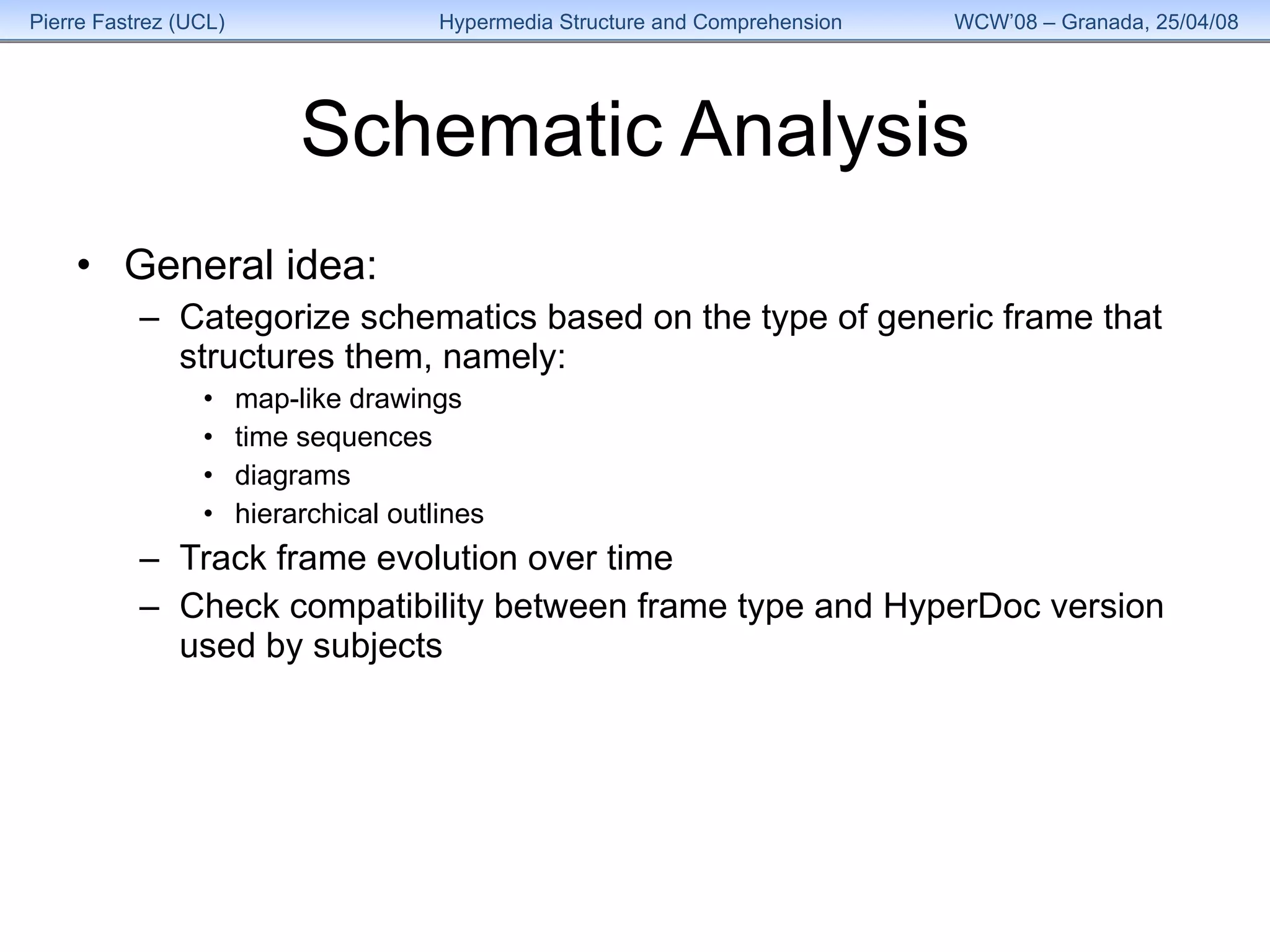 Schematic Analysis General idea: Categorize schematics based on  the type of generic frame that structures them, namely:  map-like drawings time sequences diagrams hierarchical outlines Track frame evolution over time Check compatibility between frame type and HyperDoc version used by subjects 