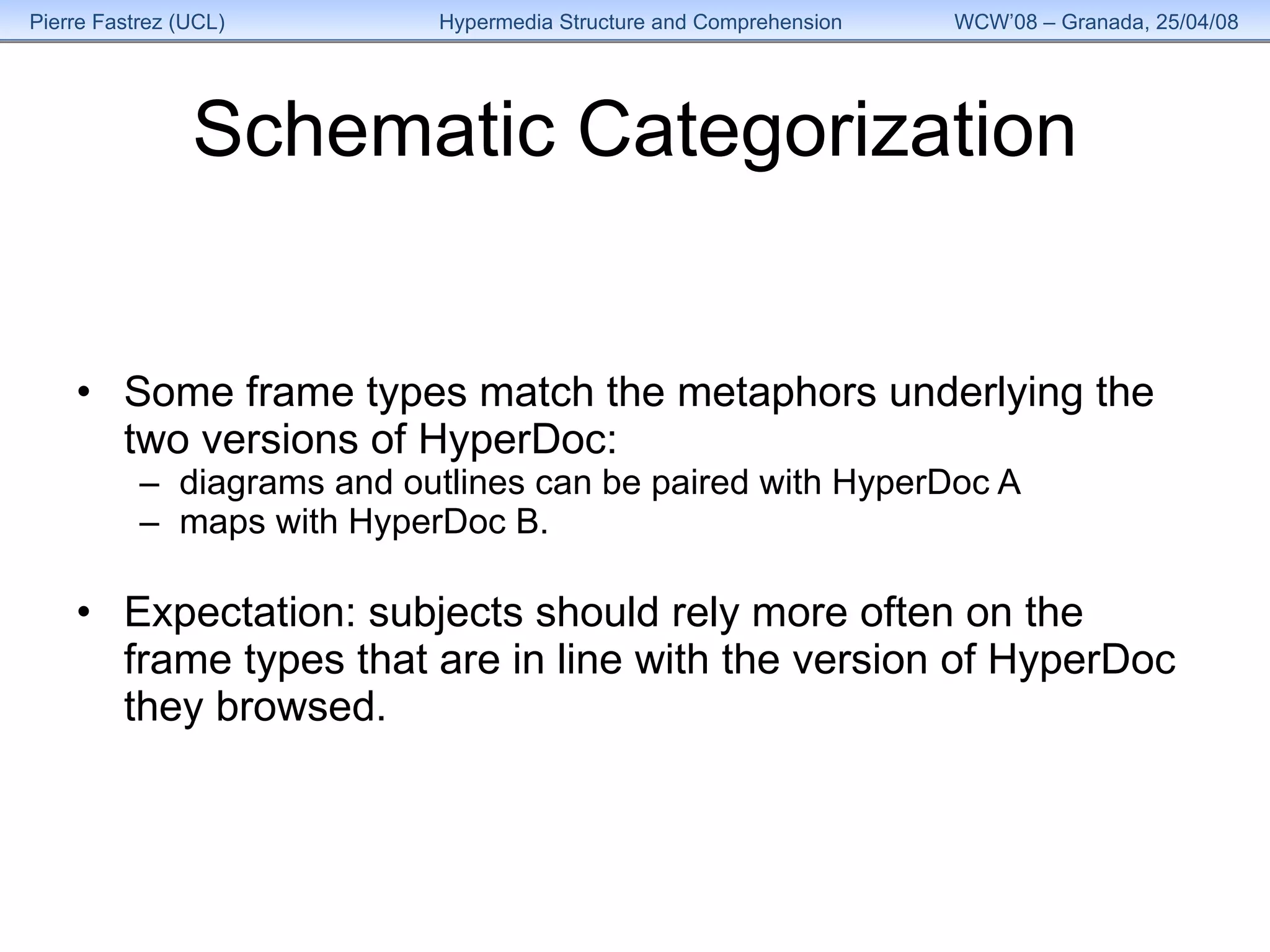 Schematic Categorization Some frame types match the metaphors underlying the two versions of HyperDoc:  diagrams and outlines can be paired with HyperDoc A maps with HyperDoc B.  Expectation: subjects should rely more often on the frame types that are in line with the version of HyperDoc they browsed.  