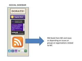 SOCIAL SIDEBAR




                 RSS feeds from WC and news
                 or depending on issues or
                 groups or organizations related
                 to WC
 