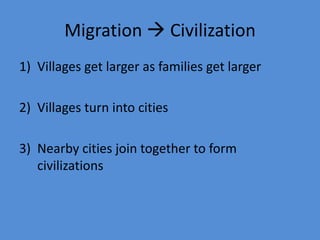 Migration  CivilizationVillages get larger as families get largerVillages turn into citiesNearby cities join together to form civilizations
